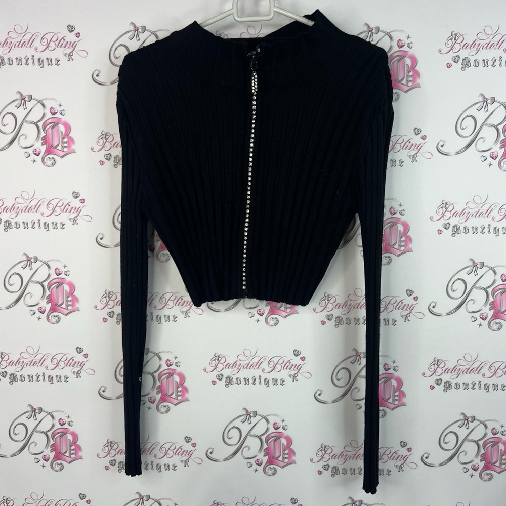Belldini sweater rhinestone bling zipper cropped Black Ribbed Zip-Up Crop Top